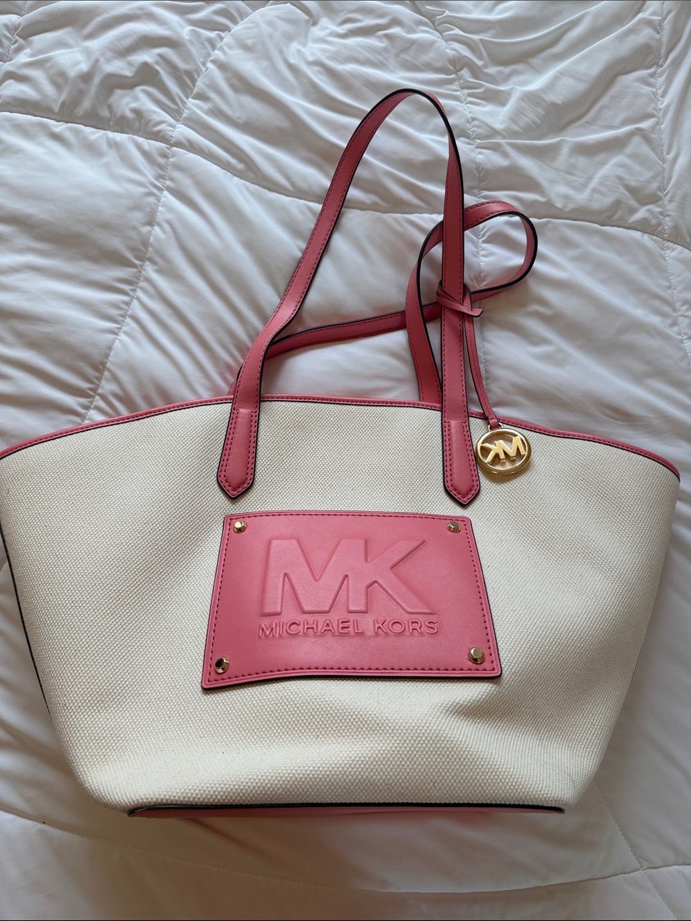 Michael Kors Cream Tote with Pink Trim and Logo Patch